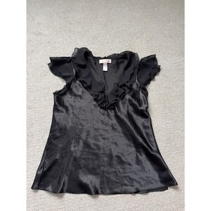 Y2K Oscar de la Renta Black Satin Ruffle V-Neck Blouse Large Vintage Blouse